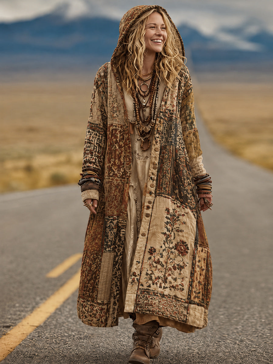 Retro Bohemian Style Art Printed Cotton Buttoned Hooded Casual Loose Long-Sleeved Shirt